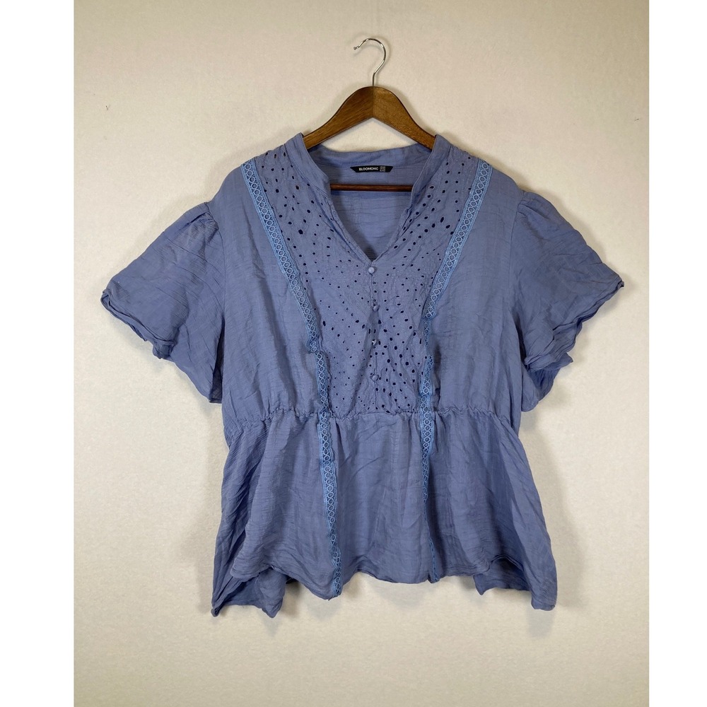 Cottagecore Bloomchic Women 22 Blue Eyelet Lace Peplum Flutter Sleeve Blouse
